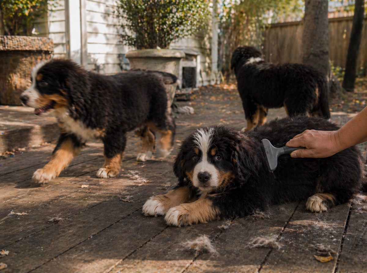 Grooming session on the deck — loose undercoat and tools