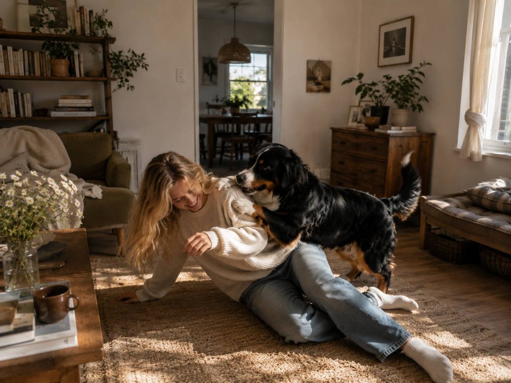 Bernese Mountain Dog with their person in a sunlit living room — cozy home scene